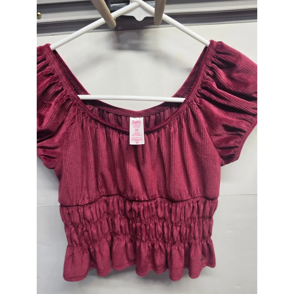 Justice Girls Burgundy Ribbed Velour Smocked Peplum Top Size M 10 Short Sleeve